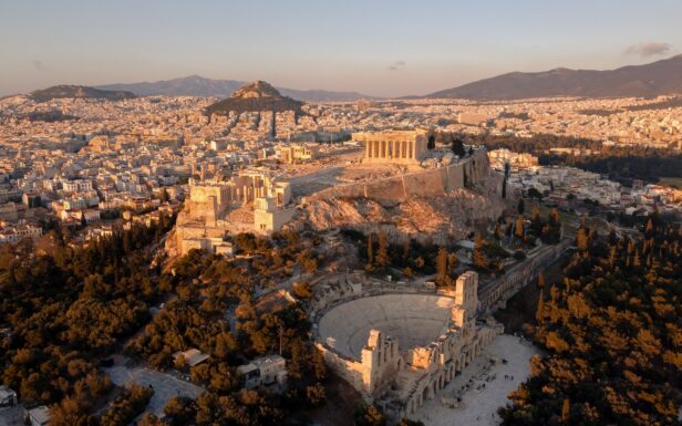 Aerial view of the Acropolis and Herodion that belong in the top 5 historical sites in Athens.